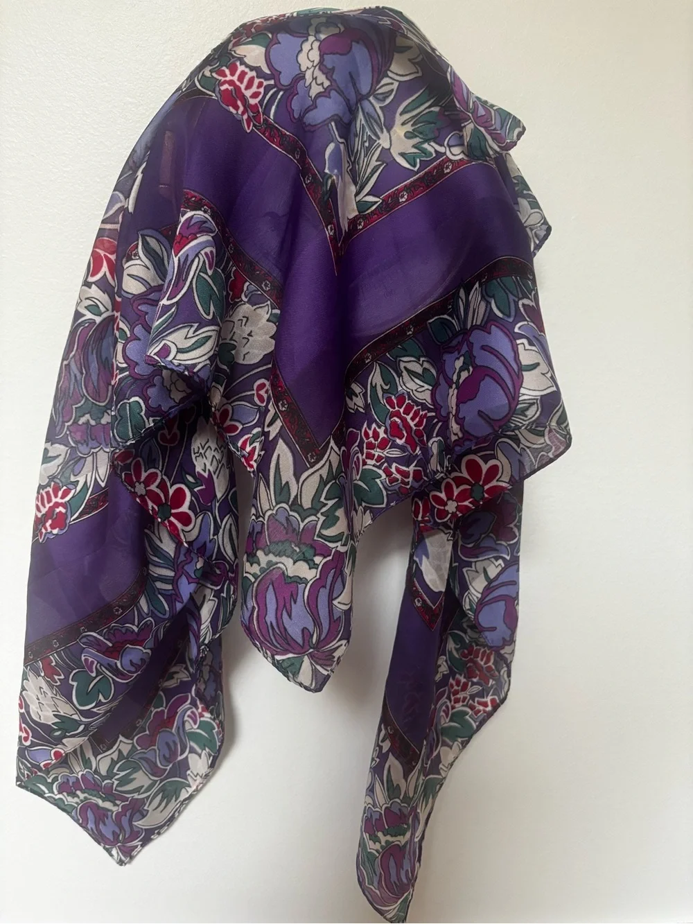 Vintage Floral Print Silk Scarf Blue Purple Pink Multi-Color